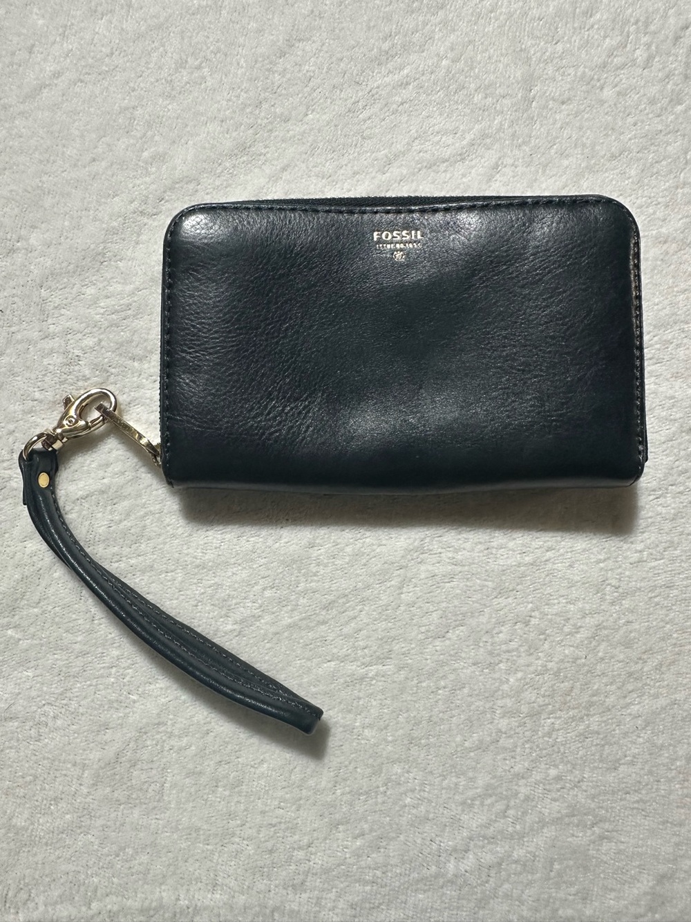 Fossil Navy Blue Leather Zip Around Wristlet Wallet Organizer Clutch Gold Hardwr